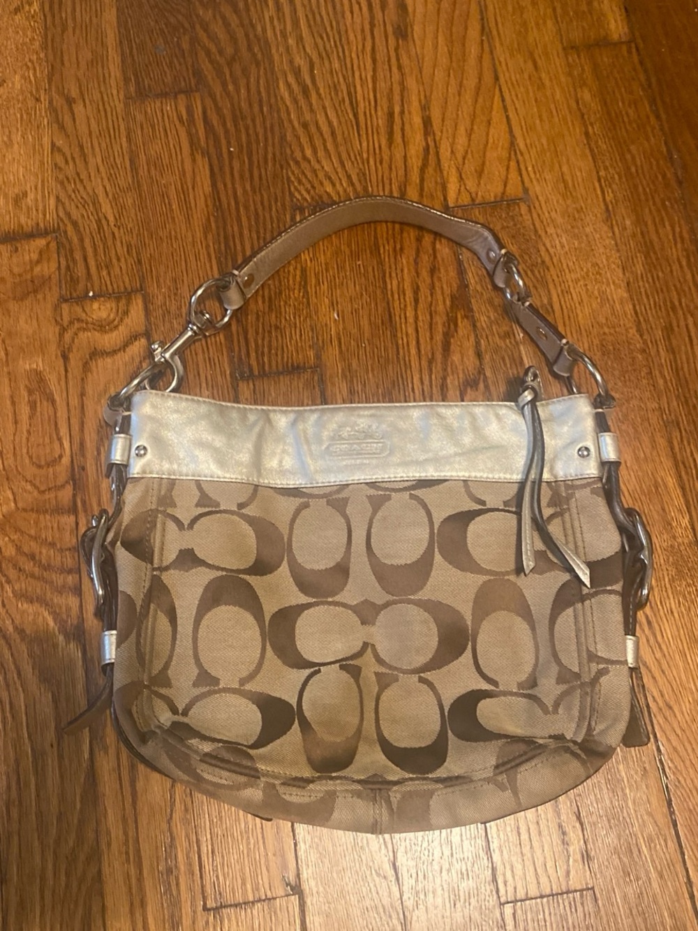 Coach Brown Signature Canvas Zoe Hobo Bag with Metallic Trim